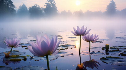 A Group of Water Lilies Floating on Top of a Lake - obrazy, fototapety, plakaty