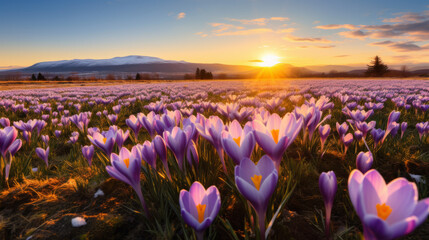 A Field Full of Purple Flowers With the Sun Setting in the Background