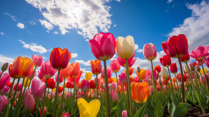 Field of Colorful Tulips Under a Blue Sky