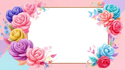 Festive frame, composition on pink background with flowers, hearts, birthday greetings, Happy Valentine's Day, place for text in the center on white background