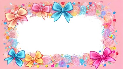 Festive composition on pink background with flowers, bows, hearts, birthday greetings, Happy Valentine's Day, place for text in the center