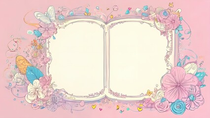Composition of blue and pink flowers in the form of a book on a pink background, space for text in the center
