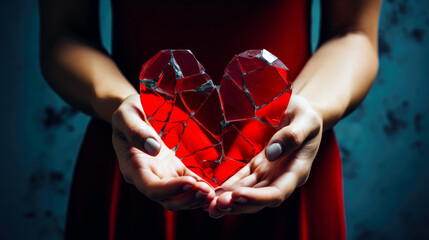 Womans hands are holding a red broken glass heart. A shattered heart symbolizing heartbreak, broken relationship and emotional pain. Concept of lost love or betrayal. - obrazy, fototapety, plakaty