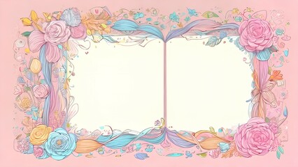 Composition of blue and pink flowers in the form of a book on a pink background, space for text in the center