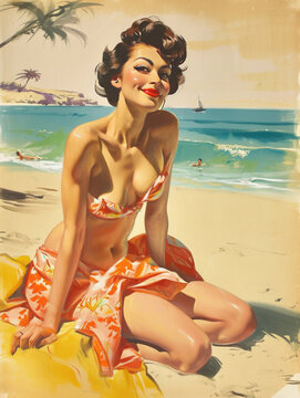 Vintage Illustrated poster of 1950's era pin-up girl smiling on beach