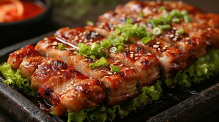 Samgyeopsal: Thick slices of grilled pork belly, often wrapped in lettuce leaves with condiments