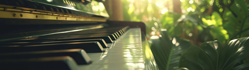 A close-up shot of a piano keyboard in the foreground, with a lush tropical jungle in the background. Piano in the jungle