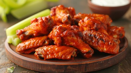 Spicy chicken wings, drenched in tangy buffalo sauce, served with celery sticks and blue cheese dip.