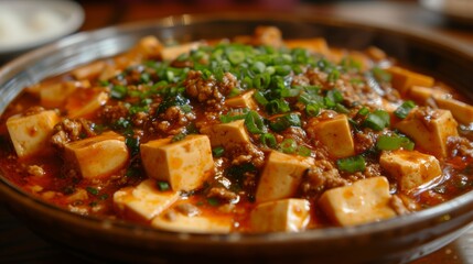 Mapo Tofu: Silky tofu cubes in a fiery, aromatic sauce, garnished with minced pork and scallions.