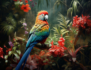 Vibrant macaw perching amidst tropical flowers in lush jungle