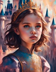 Young Princess Wearing a Golden Crown in Front of a Fairytale Castle