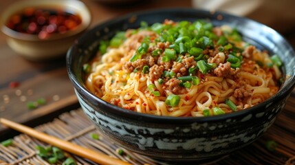 Szechuan Noodles: A bowl of spicy dan dan noodles with ground pork, chili oil, and Szechuan peppercorns - obrazy, fototapety, plakaty