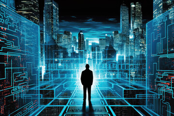 Silhouetted person standing in a vibrant cyber cityscape at night