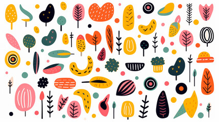 Colorful abstract nature pattern with a variety of stylized plants