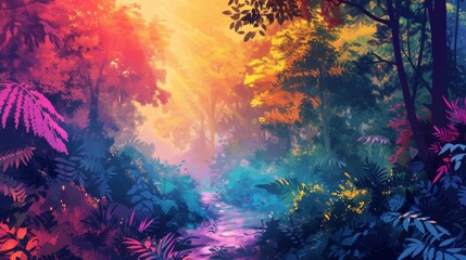 Fototapeta na wymiar A digital painting of a lush forest with a vivid, multicolored background.