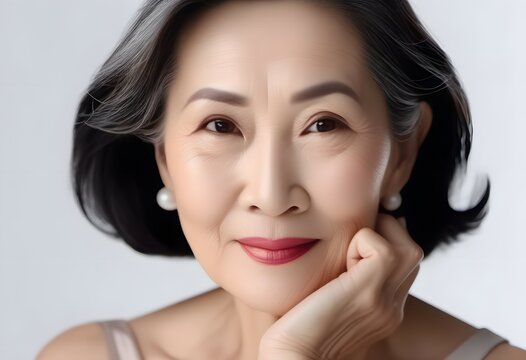Closeup portrait of asian mid age 50s elderly senior model woman with short hair and pearls