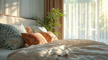 Serene bedroom ambiance with plush pillows and sunlight filtering through
