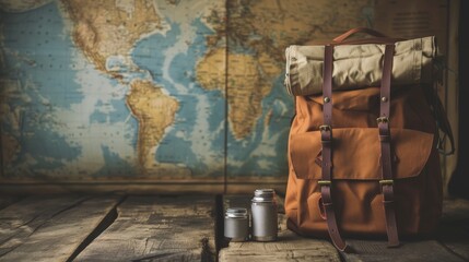 Adventure travel concept with backpack and map on a vintage background