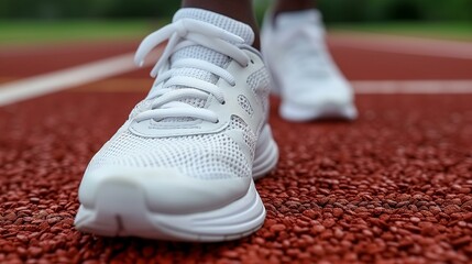 Close-up of white running shoes on track.