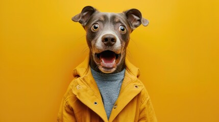 Funny cute puppy surprised in yellow jacket wonder, shocked, creative minimal concept on yellow background. Wow! Hipster puppy dog amazed screaming in fashionable outfit for sale, shopping, advert