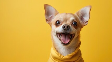 Funny cute puppy surprised in yellow hoodie wonder, shocked, creative minimal concept on yellow background. Wow! Hipster puppy dog amazed screaming in fashionable outfit for sale, shopping, advert