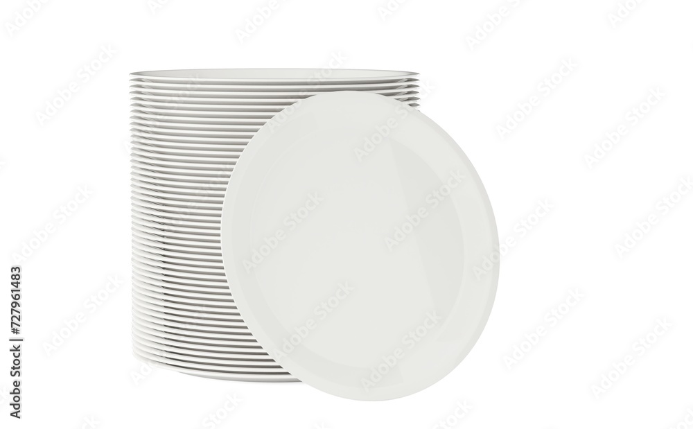 Poster stack of large empty white porcelain plates with one plate standing in front on white background