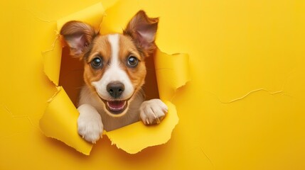 Funny cute puppy peeks out through hole in the paper yellow background, surprised wonder, creative...