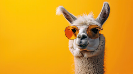 Funny lama in sunglasses, creative minimal concept on yellow background. Hipster lama in fashionable outfit for sale, shopping, advert - obrazy, fototapety, plakaty