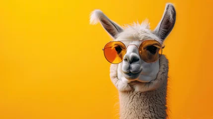 Fotobehang Lama Funny lama in sunglasses, creative minimal concept on yellow background. Hipster lama in fashionable outfit for sale, shopping, advert
