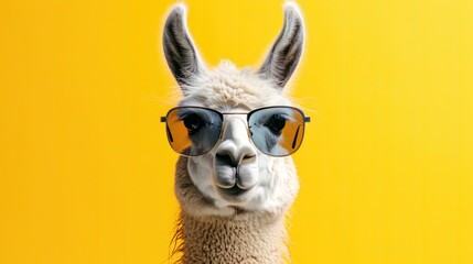 Funny lama in sunglasses, creative minimal concept on yellow background. Hipster lama in fashionable outfit for sale, shopping, advert