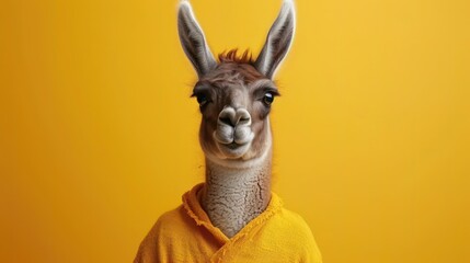 Funny lama in yellow hoodie, creative minimal concept on yellow background. Hipster lama in fashionable outfit for sale, shopping, advert