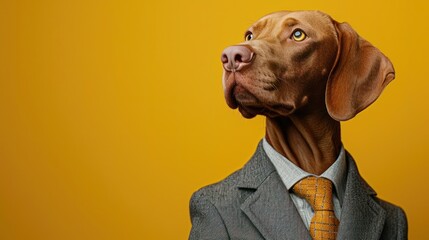 Funny cute puppy in trendy costume, creative minimal concept on yellow background. Hipster puppy dog in fashionable outfit for sale, shopping, advert