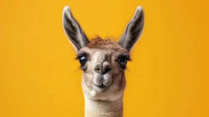  Funny lama, creative minimal concept on yellow background. Hipster lama in fashionable outfit for sale, shopping, advert © Happy Lab