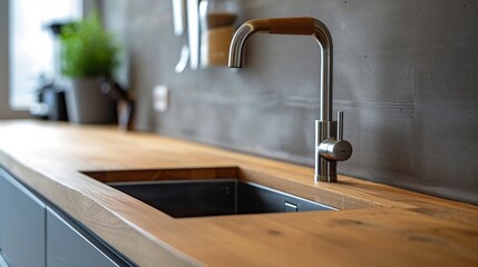 Modern kitchen faucet over a wooden countertop with natural light