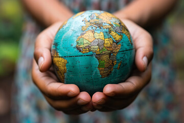 Hands holding a small globe with a focus on Africa
