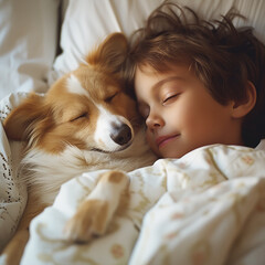 dolce bambino che dorme abbracciato al suo colden retriever  tra le candide coperte bianche del suo letto