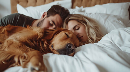 coppia e grande cane che dormono insieme nel letto bianco di casa, situazione divertente  - obrazy, fototapety, plakaty