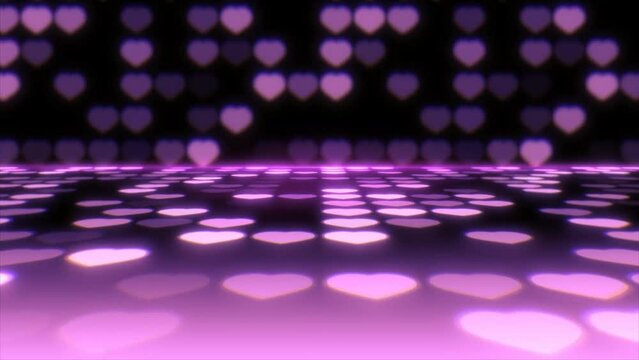 Pink walls and floor with neon twinkling hearts. Abstract background with a romantic atmosphere. Illuminated technology show stage, neon performance podium background. Bright live background