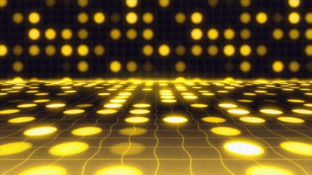 Yellow walls and floor with neon shimmering circles light. Grided abstract background with grain effect. Illuminated technology stage show, neon background podium performance