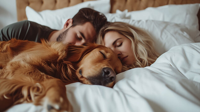 coppia e grande cane che dormono insieme nel letto bianco di casa, situazione divertente 