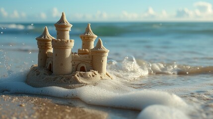 Idyllic sandcastle on the beach with waves washing ashore at sunset - obrazy, fototapety, plakaty