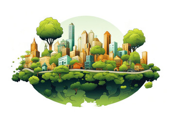 Illustrated circular cityscape with green parks and buildings