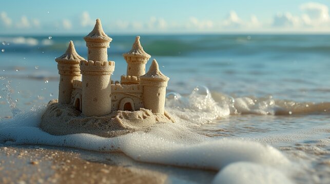 Idyllic sandcastle on the beach with waves washing ashore at sunset