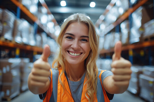 Smiling woman giving thumbs up in a warehouse setting
