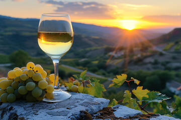 Glass of white wine with grapes at sunset in vineyard