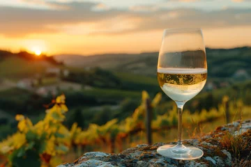 Foto op Plexiglas Wine glass with white wine at sunset in the vineyard © youriy