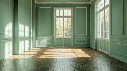 Green-walled room with classic French windows and herringbone floor - obrazy, fototapety, plakaty