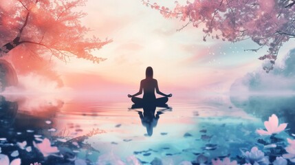 Peaceful yoga meditation scene with serene colors and natural elements background