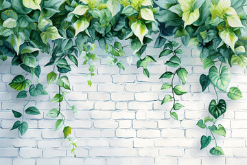 Green and white leaves on white brick wall texture