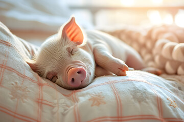 cute little piglet sleeping on a pillow, warm soft bed. Pig, pet, daylight, Mini pig, minnie pig. Village, country house. Sun beams. Cozy and light. White and pink
